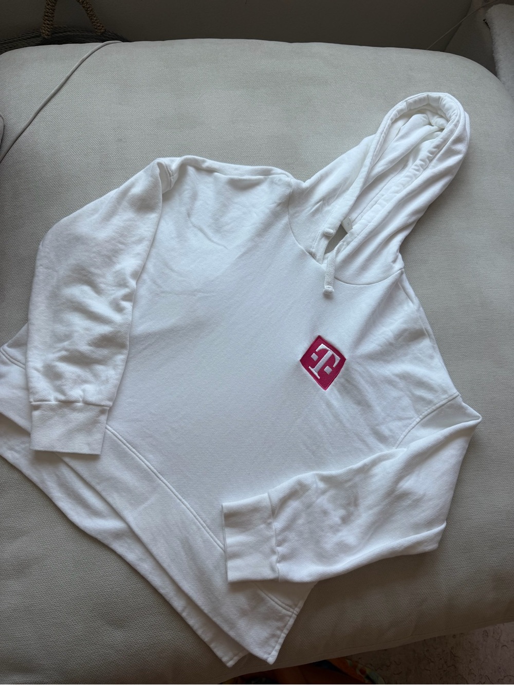 T-Mobile White Hoodie with Pink Logo — Women's Pullover Sweatshirt